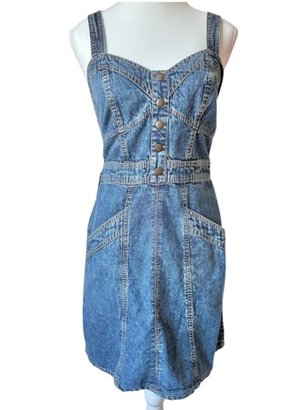 Japna Blue Denim Sweetheart Mini Dress with Faux Button Retro Coastal Cowgirl S - Picture 4 of 10